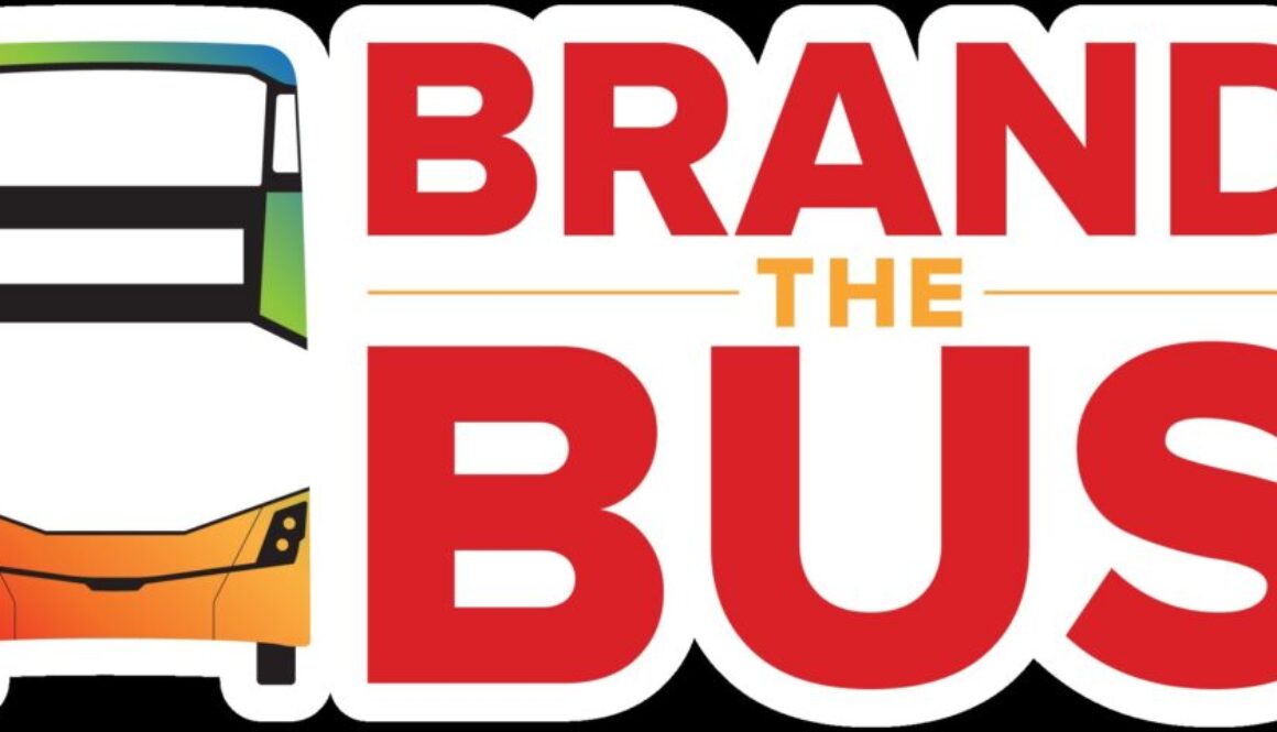 Outline image of a double decker bus with the words "Brand the Bus" next to it